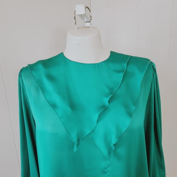 Vintage 70s Dressy Sheer Green Blouse Business Office Party Academia Preppy - Picture 4 of 13